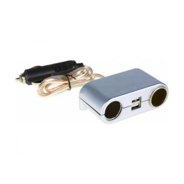 Разветвитель гнезда прик.на 2 вых+USB. серебро С-02 ИНТЕГО